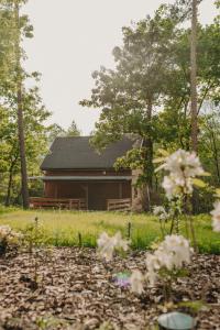een hut in het bos met bloemen ervoor bij Domek na skarpie in Joniec