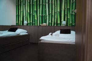 two beds in a room with a green bamboo wall at Penzion u Hošků in Vrbice
