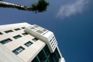 a tall white building with a palm tree at Hilton Garden Inn Lecce in Lecce