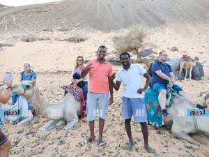 un gruppo di persone che si trovano sulla sabbia con animali di Horass a Aswan