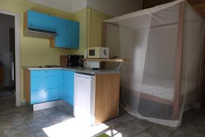 La cuisine est équipée de placards bleus et d'un four micro-ondes blanc. dans l'établissement L’émeraude, à Saint-Claude