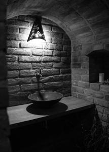 a bathroom sink with a lamp on a brick wall at Penzion u Hošků in Vrbice