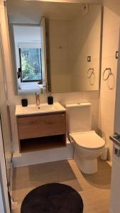 Un baño con inodoro, lavabo y espejo. en hermoso departamento 1 dormitorio en entorno natural, en Pucón