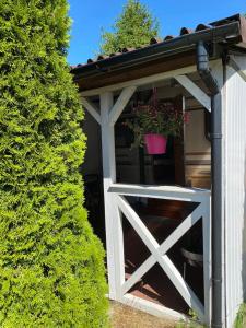 a white shed with a door and a flower pot at Tropikalny Zakątek in Sarbinowo