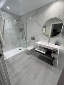 a bathroom with a shower and a toilet and a sink at M & A apartamentos turísticos in Salamanca +18 photos