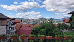a group of potted plants on a fence in a city at Apartment Lilac Sarajevo in Sarajevo