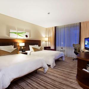 una camera d'albergo con due letti e una televisione di Hilton Garden Inn Konya a Konya