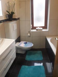 y baño con aseo, lavabo y alfombras verdes. en Panorama, en Wiesing