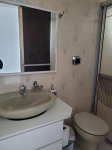 uma casa de banho com um lavatório, um WC e um espelho. em Suíte com sala de estar em Lages