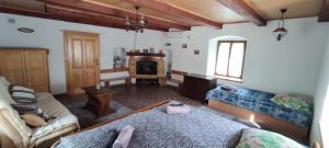 a living room with a bed and a fireplace at Chalupa u Kolčavy in Volenice