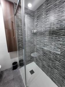 y baño con ducha y puerta de cristal. en Apartamento Bulevar, en Burgos