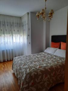 1 dormitorio con cama y lámpara de araña en Apartamento Bulevar, en Burgos