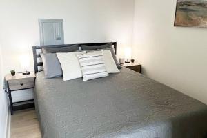a bedroom with a large bed with pillows on it at Modern Queen Bed & Twin Futon Studio with WiFi, Kitchen, Washer, and Dryer in Charlotte
