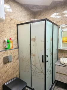 uma porta de duche em vidro com um desenho da ponte Golden Gate em Very comfortable apartment, convenient location! em Baku