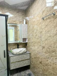 uma casa de banho com um chuveiro, um lavatório e um espelho. em Very comfortable apartment, convenient location! em Baku
