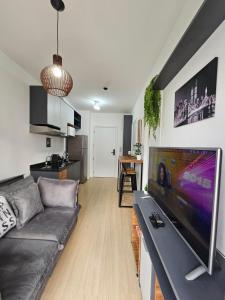 ein Wohnzimmer mit einem Sofa und einem Flachbild-TV in der Unterkunft Flat Maravilhoso - Metrô - USP - Butantã in São Paulo