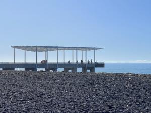 un molo su una spiaggia con persone di Beach Front Cottage Napier a Napier