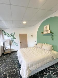 Cama en habitación con pared verde en Casa Serena B&B, en Nueva San Salvador