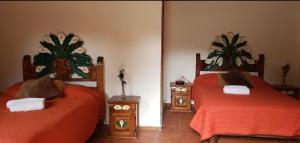 VelascoにあるHotel Jardin Rincon de las Estrellasの赤いシーツとテーブル2台が備わる客室のベッド2台