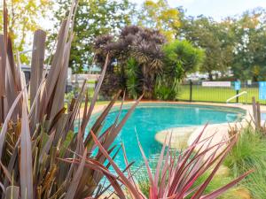 a small swimming pool in a garden with plants at NRMA Bairnsdale Riverside Holiday Park in Bairnsdale