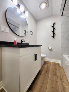 a bathroom with a sink and a mirror on the wall at The Cozy Cove Modern King-Bedroom Full Apartment in St. Catharines