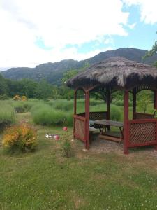 a gazebo with a picnic table in a field at Casa cerca del lago in Lago Puelo