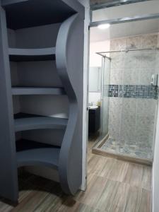 uma casa de banho com uma cabina de duche ao nível do chão e uma porta de vidro em Hermosa casa campestre em Santa Rosa de Cabal
