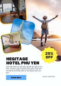 ein Flyer für ein Phyu-Resort-Hotel mit einem Mann, der am Strand steht in der Unterkunft Heritage Hotel in Tuy Hoa