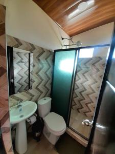 a bathroom with a toilet and a sink and a shower at CASA TURISTICA SAN JUAN DE OTTI in Monguí
