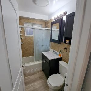 een badkamer met een toilet, een wastafel en een spiegel bij Granville appartment in Chicago