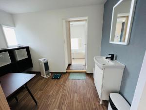 a small bathroom with a sink and a mirror at HOSTEL OE in Yoshinogawa