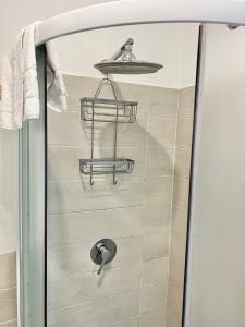 ducha con puerta de cristal y lavamanos en Appartamento Cipria, en Sirmione