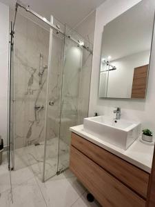 een badkamer met een glazen douche en een wastafel bij Lujosa Suite piso 19 La Carolina in Quito