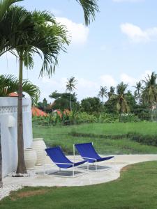 two blue chairs sitting next to a palm tree at La Playa, Bali in Munggu