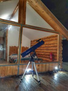ein Teleskop in einem Zimmer mit einem Schlafzimmer in der Unterkunft Echoes of the mountains in Mestia