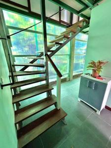 Afareaitu的住宿－MOOZ LODGE, the local discovery，木楼梯,在一座种植了盆栽植物的建筑中