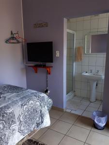a bedroom with a bed and a sink and a tv at Forget me Not Lydenburg in Lydenburg