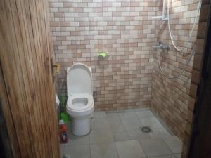 ein Bad mit einem WC in einer Ziegelwand in der Unterkunft Munyana homestay in Rwinkwavu