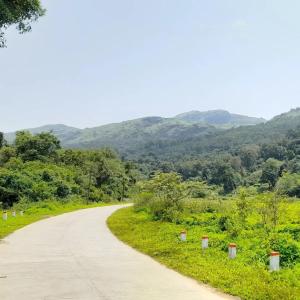 a winding road with mountains in the background at Nature river camp in Madikeri