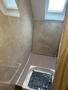 uma casa de banho com uma banheira e um chuveiro com uma janela em Appartement « My love » em Sainte-Savine