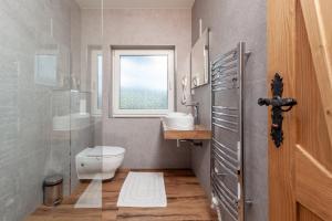 a bathroom with a toilet and a sink and a window at Drevenica u Pavla in Ždiar