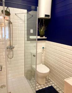 uma casa de banho com um WC e uma cabina de duche em vidro. em Apartamenty Atol em Pogorzelica