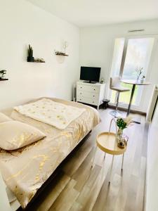 1 dormitorio con cama, mesa y TV en Cosy Roissy for Olympic Games en Roissy-en-France