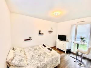 sypialnia z łóżkiem, telewizorem i oknem w obiekcie Cosy Roissy for Olympic Games w Roissy-en-France