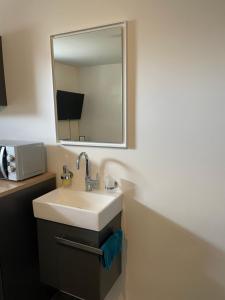 une salle de bain avec un lavabo et un miroir dans l'établissement MR Ferienwohnung - Einzelzimmer Frieda, à Schellerten