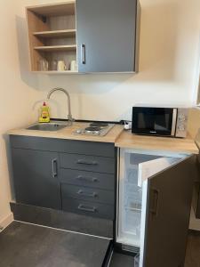 une cuisine avec un évier et un micro-ondes dans l'établissement MR Ferienwohnung - Einzelzimmer Frieda, à Schellerten