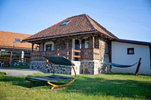 Şinteu的住宿－Due Fratelli Village Resort，房子前面的草上椅子