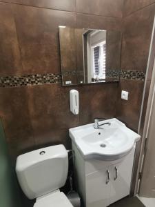 a bathroom with a white toilet and a sink at Hotel Elen in Gyumri