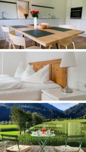 eine Collage mit zwei Bildern eines Tisches und eines Zimmers in der Unterkunft MANTANA - Apartments in St. Lorenzen