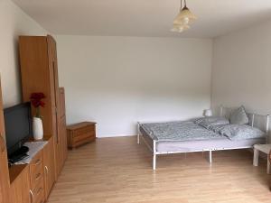 a bedroom with a bed and a flat screen tv at Ferienwohnungen Waldblick in Remscheid